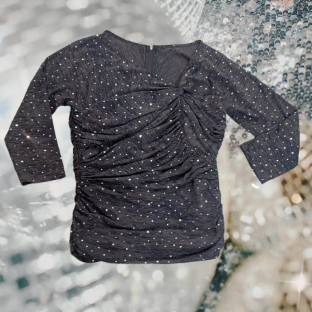 Joseph Ribkoff Black Sequin Sparkle Ruched Blouse NWT Sz 10